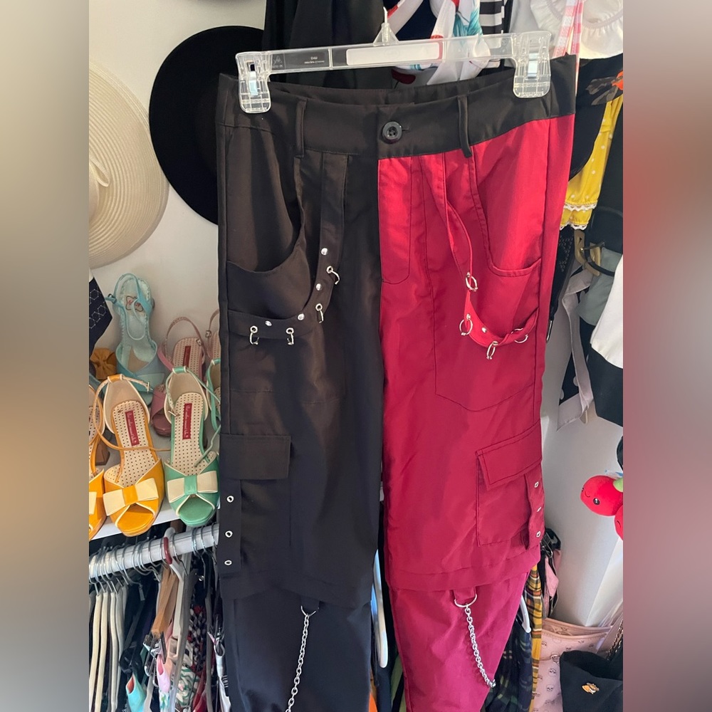 Red/black women’s pants with chains and pockets
